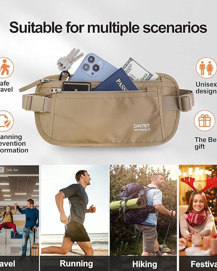 DAITET Money Belt - Passport Holder Secure Hidden Travel Wallet with RFID Blocking, Undercover Fanny Pack (Beige)