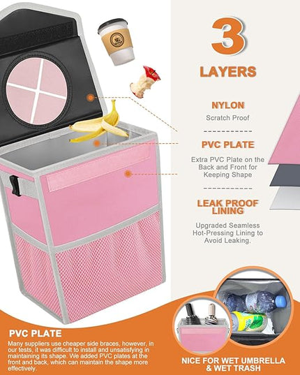 Car Trash Can with Lid, Cute Leakproof Car Trash Garbage Bag Hanging Vehicle Trash Bin Small Portable Automotive Garbage Cans Organizer for Back/Front Seat/Console(2.8 gal,Pink