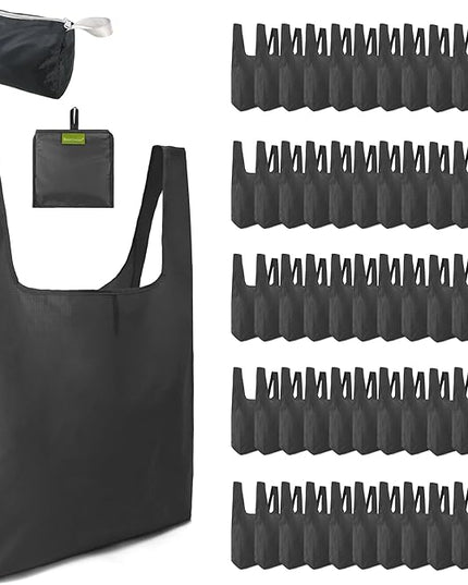 BeeGreen Black Reusable Grocery Bags Wholesale Dark Reusable Kitchen Bags Bulk Foldable-Machine Washable with Zipper Storage Pouch 50 Packs
