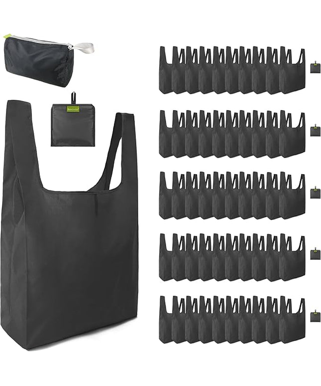 BeeGreen Black Reusable Grocery Bags Wholesale Dark Reusable Kitchen Bags Bulk Foldable-Machine Washable with Zipper Storage Pouch 50 Packs