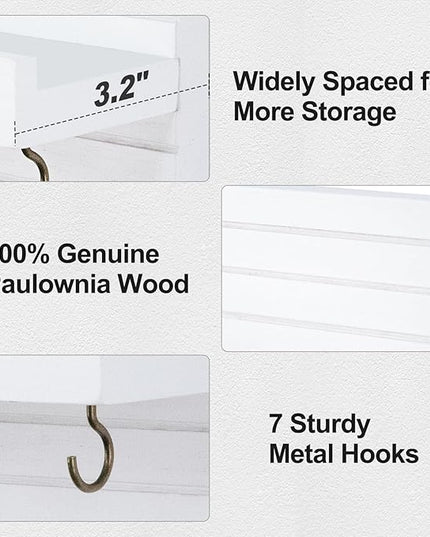 Lwenki Decorative Key Holder for Wall with Shelf, Entryway Shelf with Hooks Holds Leashes, Jackets and Glasses – Sturdy Wood Keyholder Entrance Hanger with Mounting Hardware (White, Large)