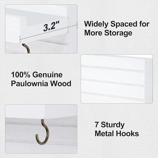Lwenki Decorative Key Holder for Wall with Shelf, Entryway Shelf with Hooks Holds Leashes, Jackets and Glasses – Sturdy Wood Keyholder Entrance Hanger with Mounting Hardware (White, Large)