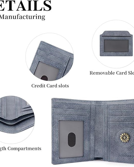 Blucoay Womens Wallet,RFID Blocking Wallet Women Soft Leather Bifold Small Wallets For Women Card Holder With Removable ID Window(greyblue)