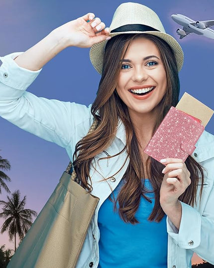 HOTCOOL Passport Holder Travel Essentials Airplane & Cruise Essentials Ship Leather Wallet Cover Case RFID Blocking Women & Men Vacation Travel Accessories Gifts Deals, Glitter - Pink