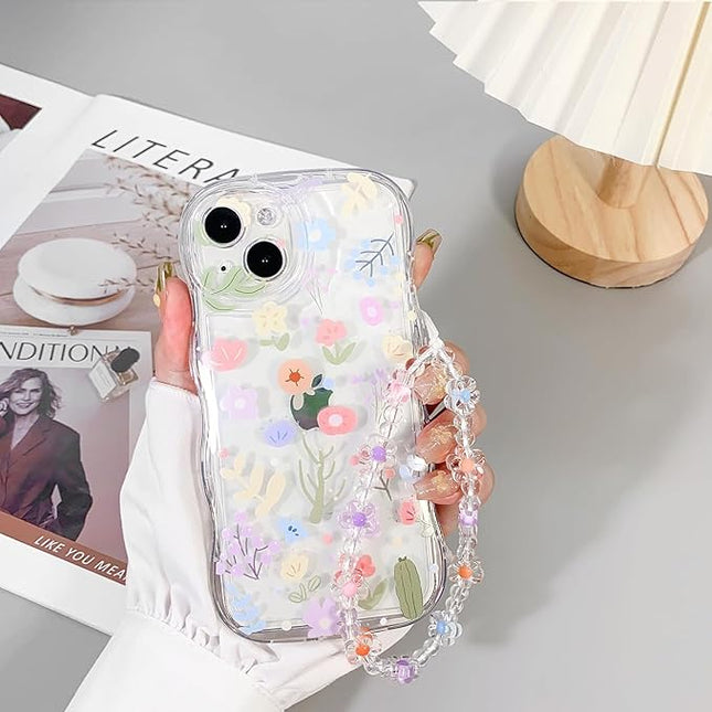 for iPhone 15 Case Clear Cute Flower Floral with Wave Border for Girls Women Pattern Shockproof Protective Girly-Colorful Floral