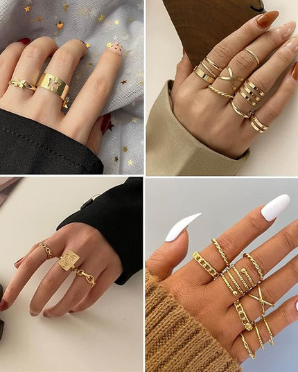 17KM 60 Pcs Gold Stacks Ring Sets for Women Non Tarnish, Dainty Vintage Stackable Rings Pack, Finger Midi Knuckle Rings for Jewelry Gift