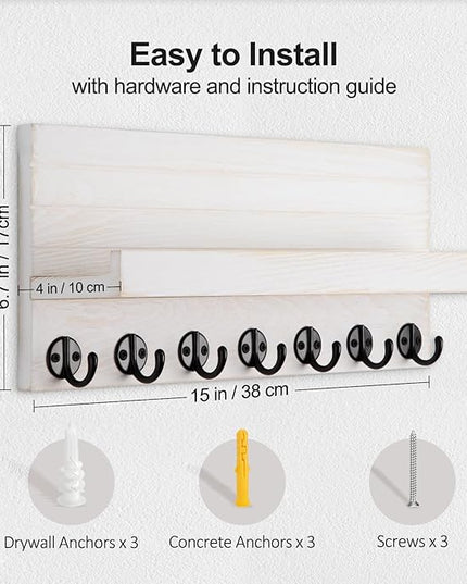 Lwenki Key Holder Wall Mount, Entryway Key and Mail Holder with 7 Sturdy Hooks for Sunglasses, Dog Leash, Decorative Wall Shelf with Mounting Hardware, 15”W x 6.7”H x 4.2”D