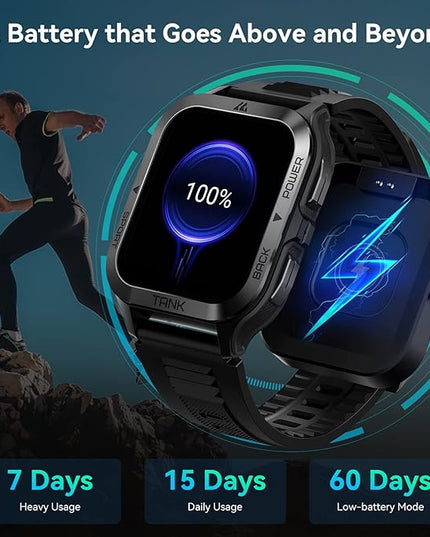 AMAZTIM Smart Watch, 60 Days Extra-Long Battery, 50M Waterproof, Rugged Military Bluetooth Call(Answer/Dial Calls), 1.85" Ultra Large HD Display, AI Voice Assistant, Compatible for Android and iOS