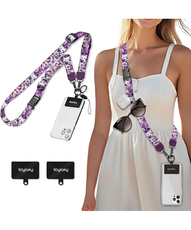 Phone Lanyard Crossbody, White Cat Cell Phone Strap for Around The Neck Adjustable, Purple Anti Theft Cute Lanyard for iPhone Case ID Holder Key Accessories Travel Essential