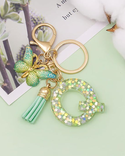 Fashion Alphabet Initial Letter Keychain Tassel Butterfly Pendant Key Ring for Purse Handbags Women Girl