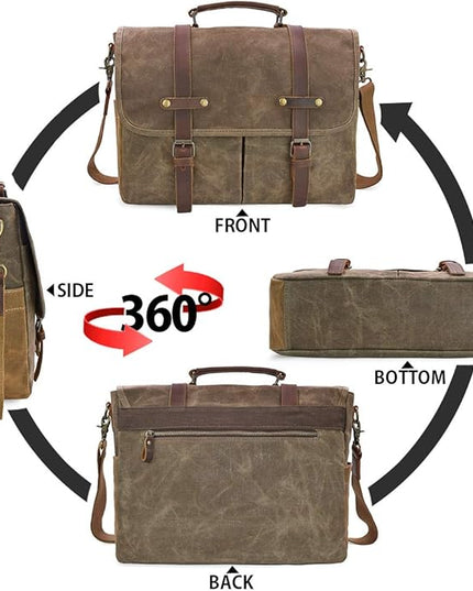 Mens Messenger Bag 15.6 Inch Waterproof Vintage Genuine Leather Waxed Canvas Briefcase Large Satchel Shoulder Bag Rugged Leather Computer Laptop Bag, Khaki