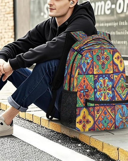 Large Backpack with 15.6 Inch Laptop Compartment, Ethnic Mexican Floral Adult Backpack for Work, Travel & School College Boys Girls
