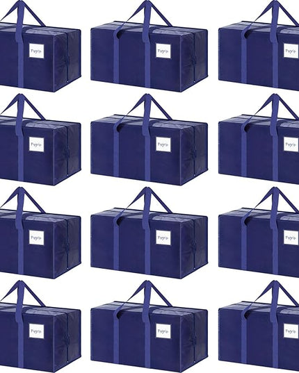 12 Pack Extra Heavy Duty Large Moving Bags with Strong Zipper & Comfortable Handles, Sturdy & Durable Clothes Storage Bags Totes Bins, Packing Moving Boxes for College Supplies, Dark Blue