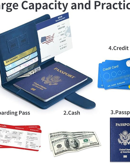 Passport Holder, Passport Cover with Credit Card Slot and Boarding Pass Slot Combo, Passport Wallet Case Book Travel Must Have, RFID Blocking Leather Travel Accessories, Dark Blue