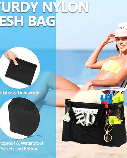 Mesh Beach Bag, Large Beach Tote with Zipper Pocket, Toys Pool Bag for Family Travel Vacation Cruise Essentials