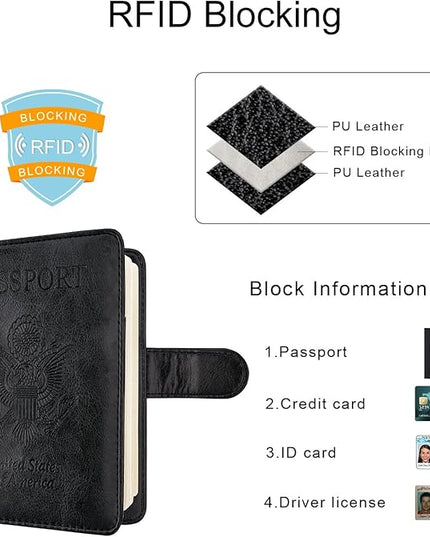 WALNEW Passport Holder for Travel, RFID Passport Cover Wallet for Women Men, PU Leather Passport Book Card Holder Case with Pen (Buckle Closure, Buckle-Black)