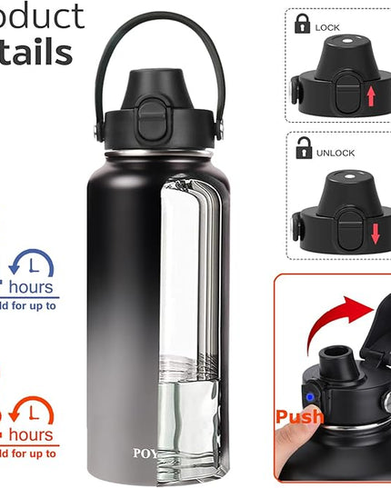 Water Bottle Insulated 32oz 40oz 64oz 128oz Straw Lid Spout Lid & 3 Lids, Leak Proof, Vacuum Insulated,Stainless Steel Water Bottle Wide Mouth for Sports, Gym or Office