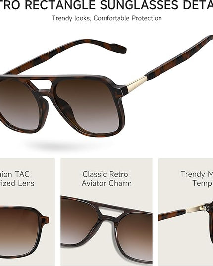 Retro Aviator Sunglasses for Women Men:Polarized Trendy Vintage 70s Rectangle Womens Shades Sun Glasses UV Protection