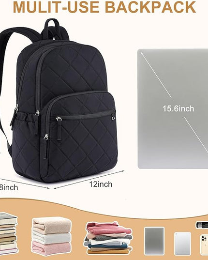 College Laptop Backpack, School Backpack for Girls Boys, Quilted Casual Daypack, Water-Resistant Bookbag for 15.6 Inch Laptop, Black