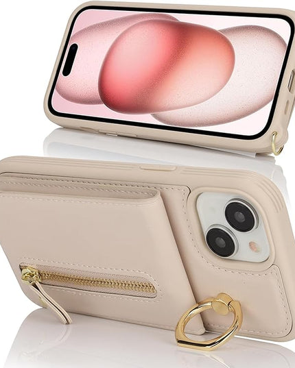 for iPhone 15 Wallet Case with Card Holder, for iPhone 15 Case Wallet with Strap Credit Card Slot, Crossbody Bag with Zipper Case for iPhone15 - Warm White