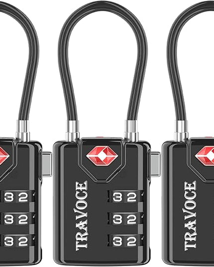 Search Alert TSA Approved Travel Combination Luggage Cable Locks for Suitcase, Gym Locker,Toolbox,Backpack 1,2,4,6 &10 pk (Black 3 Pack)