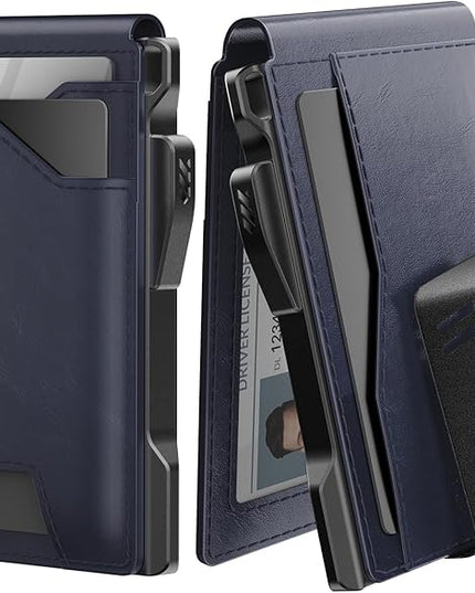 typecase Tactical Wallet for Men Card Holder: Pop Up Card Case, Genuine Leather, Smart, RFID Blocking, Slim, Minimalist, Thin, Front Pocket - 9-13 Card Capacitiy, ID Window, Money Clip (Navy)