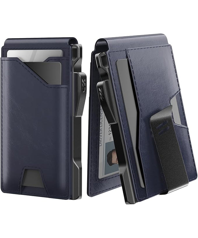 typecase Tactical Wallet for Men Card Holder: Pop Up Card Case, Genuine Leather, Smart, RFID Blocking, Slim, Minimalist, Thin, Front Pocket - 9-13 Card Capacitiy, ID Window, Money Clip (Navy)