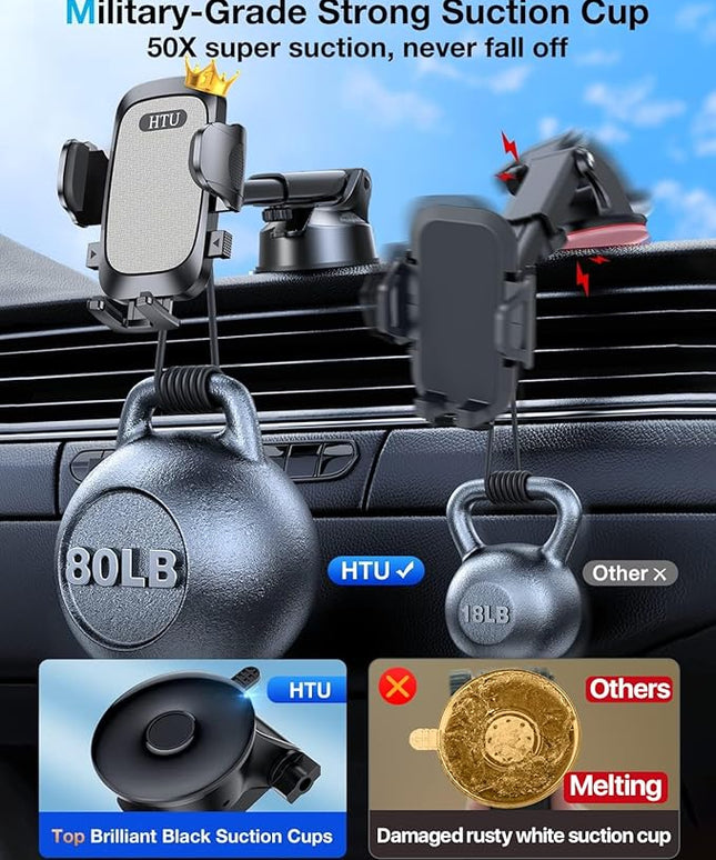 HTU [True Military-Grade] 2025 Upgraded Car Phone Holder 【Safety Certs & No Smell】 Cell Phone Holder for Car Mount for Dashboard Windshield Air Vent Long Arm Thick Case,Grey