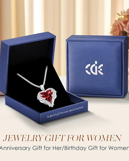 CDE Christmas Gifts for Women Angel Wings Necklace for Women with Birthstone, Love Heart Silver Tone/Gold Tone Pendant, Ideal Anniversary or Birthday Jewelry Gifts for Wife Girlfriend Her