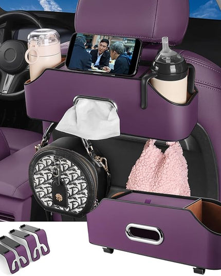 HOLDCY Car Back Seat Organizer with 2 Drink Cup Holder - Tissue Box and Storage Box Hook - Multi-functional Storage - Great for Kids and Travel (Purple)