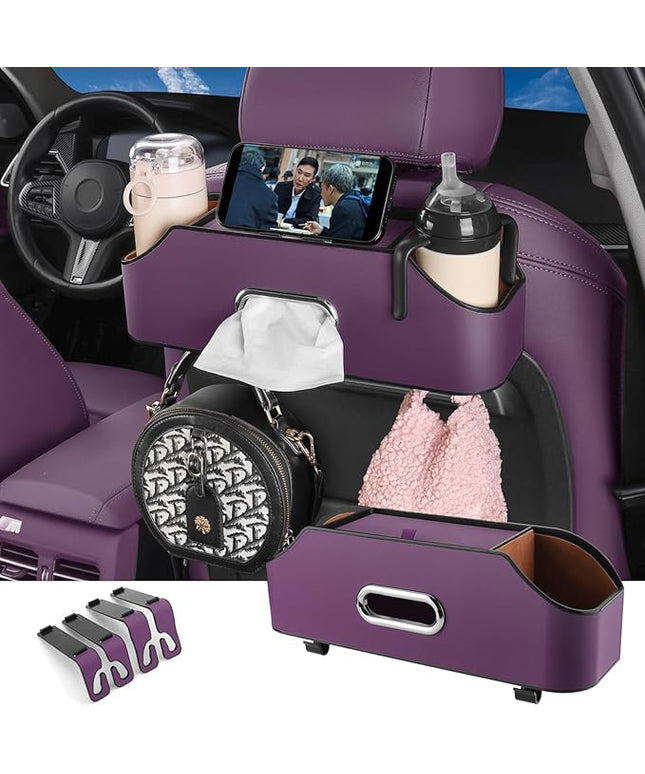 HOLDCY Car Back Seat Organizer with 2 Drink Cup Holder - Tissue Box and Storage Box Hook - Multi-functional Storage - Great for Kids and Travel (Purple)