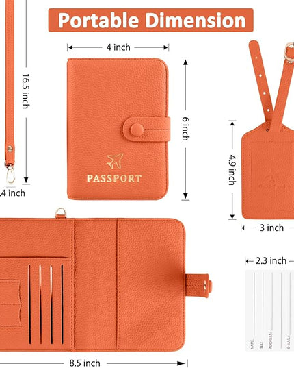 Passport Holder RFID Protected Wallet and Luggage Tag with Protection Cover Travel Accessories Leather Card Case Organizer for Women Men (Orange)