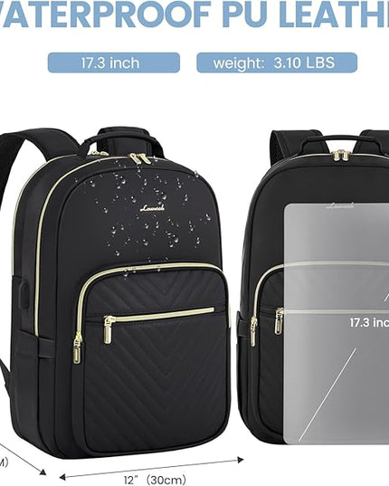 LOVEVOOK Leather Backpacks for Women,17.3 inch Leather Laptop Backpack Women Computer Backpack Laptop Bag,Stylish Quilted Travel Backpack Purse Work Bag College Teacher Backpacks with USB Port,Black