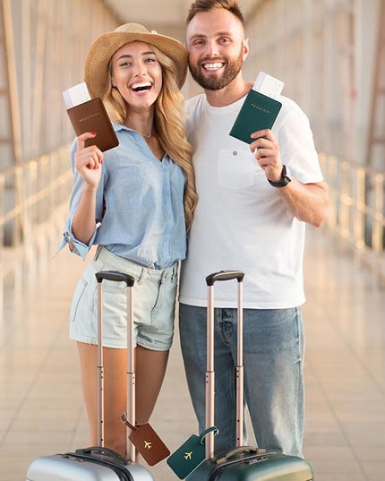 Weewooday 2 Set Mr and Mrs Passport Covers Holder and Luggage Tags Cute Leather Wallets Holder Travel Luggage Tags for Women Men Gift(Blackish Green, Brown)