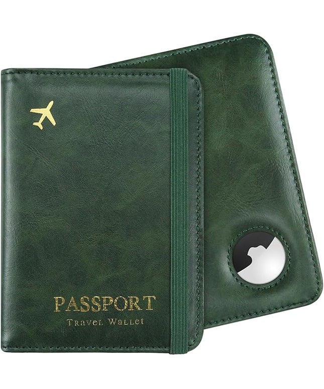 Passport Holder with AirTag – RFID Blocking Travel Document Wallet, Leather Passport Cover with AirTag Slot, Keeps Passport Safe & Trackable (Green)