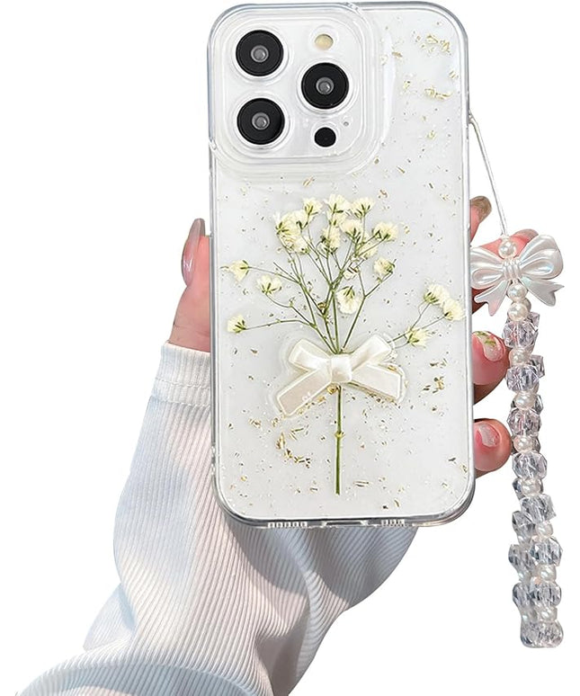 for iPhone 14 Pro - White Flower Bow Case with Real Flower Gold Foil Transparent Case - Soft TPU Case for Women and Girls (6.1")