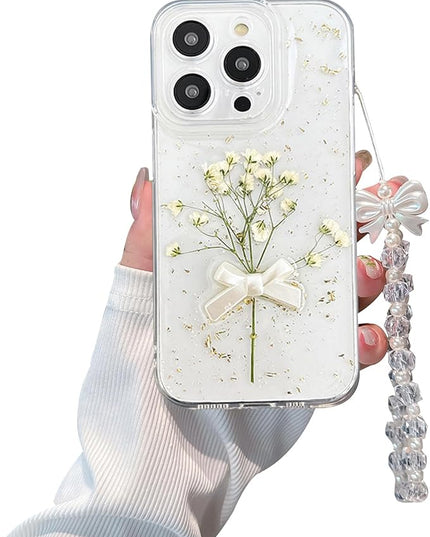 for iPhone 15 Pro - White Flower Bow Case with Real Flower Gold Foil Transparent Case - Soft TPU Case for Women and Girls (6.1")