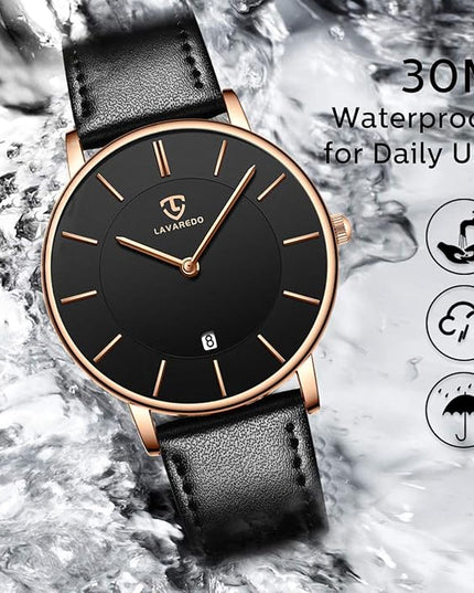 L LAVAREDO Watch for Men, Extremely Thin Mens Watches Minimalist Analog Men's Leather Wrist Watches with Time/Date, Birthday Gift for Men Boyfriend