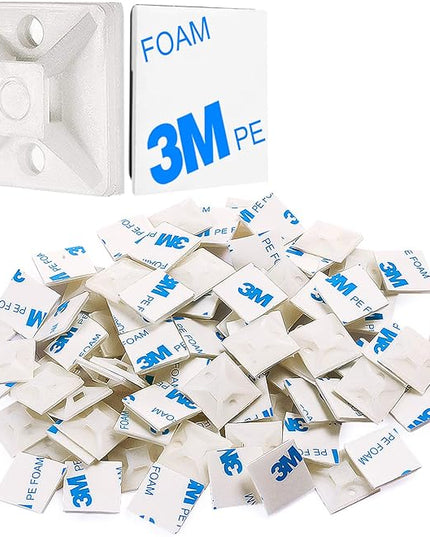 XHF 100 PCS 3/4" White Self Adhesive Cable Zip Tie Mounts Wire Cable Clips Holders Management Anchors Organizer Holders Squares(HS-101S)