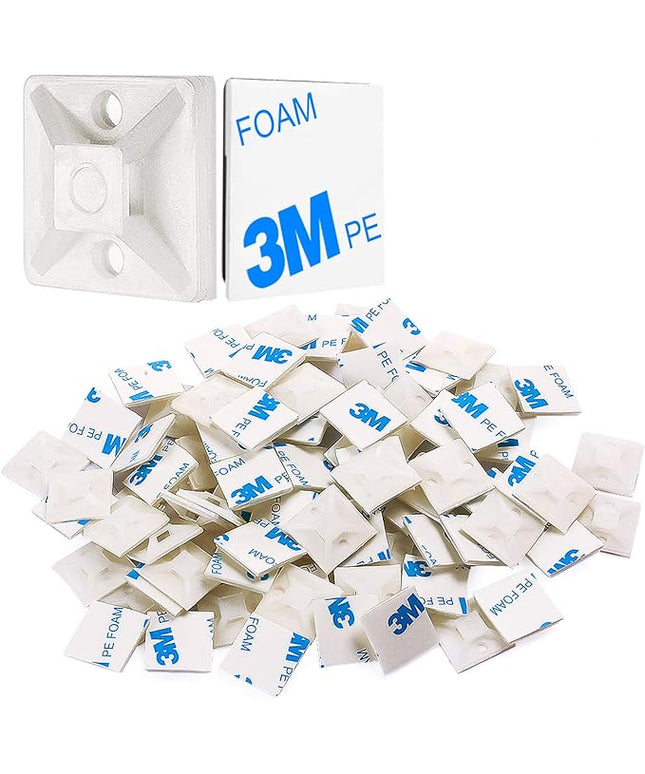 XHF 100 PCS 3/4" White Self Adhesive Cable Zip Tie Mounts Wire Cable Clips Holders Management Anchors Organizer Holders Squares(HS-101S)