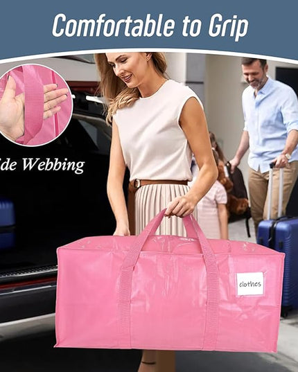 12 Pack Extra Heavy Duty Large Moving Bags with Strong Zipper & Comfortable Handles, Sturdy & Durable Clothes Storage Bags Totes Bins, Packing Moving Boxes for College Supplies, Pink