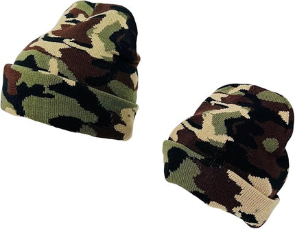 Super Soft Adult & Child Camo Print Winter Knit Beanie Set