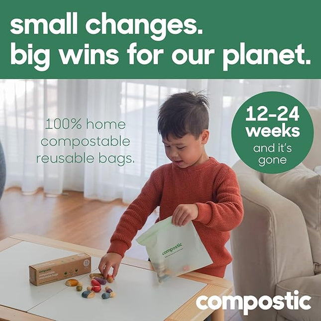 Compostic Home Compostable Resealable Gallon Bags, Microwave & Freezer Safe, Organic Food Storage Container, 60 Count