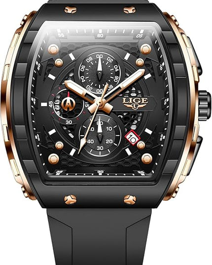 Mens Watches,Unique Rectangular Quartz Analog Watch,Outdoor Sports Multi-Function Watch,Chronograph/Waterproof/Luminous/Calendar,Durable Silicone Strap Mens Casual Watches