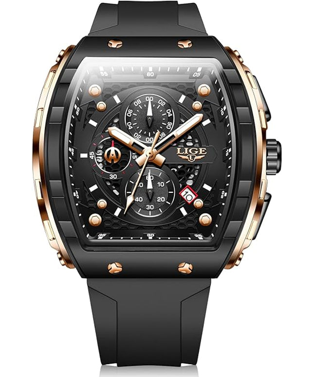 Mens Watches,Unique Rectangular Quartz Analog Watch,Outdoor Sports Multi-Function Watch,Chronograph/Waterproof/Luminous/Calendar,Durable Silicone Strap Mens Casual Watches