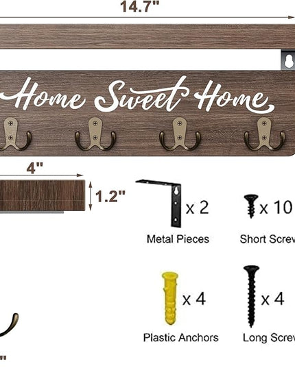 buways Wall-Mounted Key and Mail Holder, Wooden Key Rack with 4 Double Key Hooks, Rustic Home Decor for Entryway