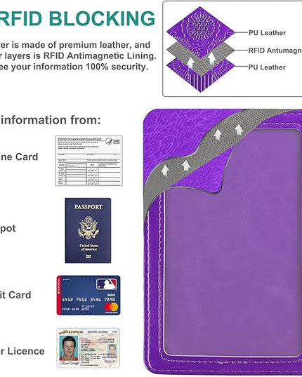 RSAquar Unisex Faux Leather Passport and Vaccine Card Holder Combo, Purple, Slim and Lightweight with RFID Blocking Technology