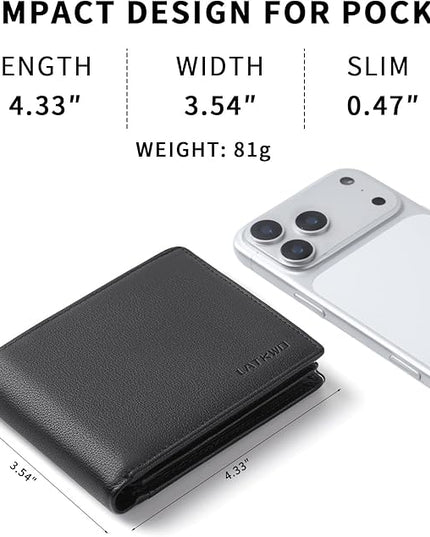 LATKWO Mens Wallet - Genuine Leather Bifold RFID Blocking Slim Front Pocket Large Capacity with 10 Card Slots, 2 ID Windows & 2 Cash Pockets - Heavy Duty Stitched Gift for Men (Black)