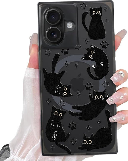 Cute Case for iPhone 16 Case for Women Girls Boys [Compatible with Magsafe] Kawaii Black Cats Cat Pattern Design, Aesthetic Girly Animal Rectangle Magnetic Protective Phone Cover