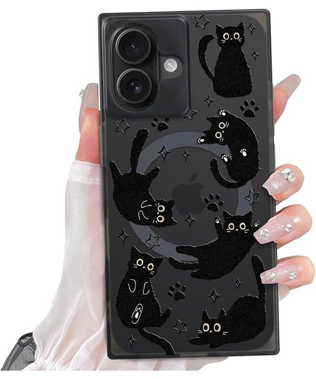 Cute Case for iPhone 16 Case for Women Girls Boys [Compatible with Magsafe] Kawaii Black Cats Cat Pattern Design, Aesthetic Girly Animal Rectangle Magnetic Protective Phone Cover